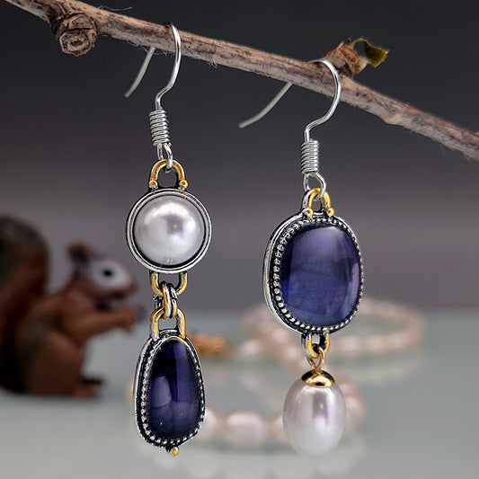 Vintage Blue Stone Pearl Earrings